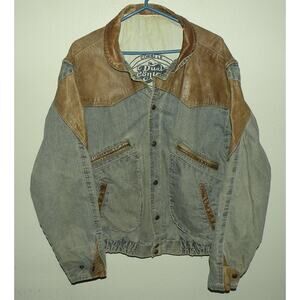Vtg Dual Control Men’s Medium Denim Trucker Jacket Blue Brown Leather Trim Rare